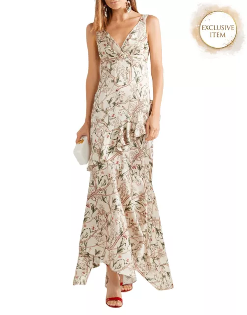 RRP €2280 JOHANNA ORTIZ Silk Flounce Dress Size US 10 / L Floral Ruffle V-Neck