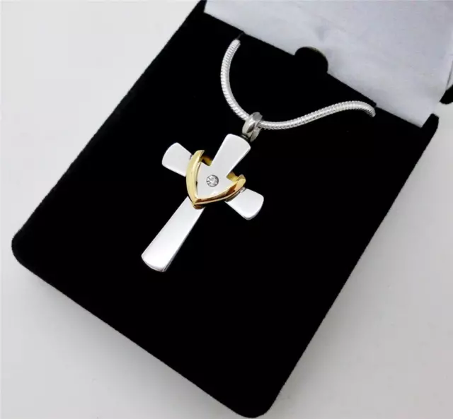 Silver Cross & Gold Wreath Memorial Keepsake Cremation Urn Jewellery Pendant NIB