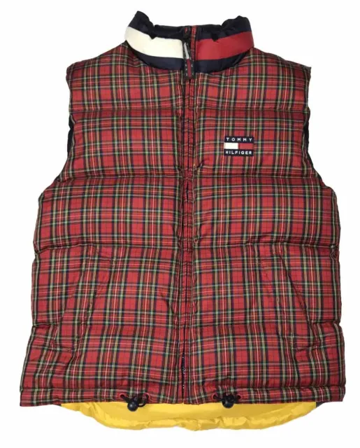 Vtg Tommy Hilfiger Puffer Vest Large Reversible Tartan Plaid Full Zip Pockets