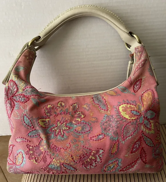 Sigrid Olsen Pink Tan Embroidered Leather Shoulder Bag Flowers