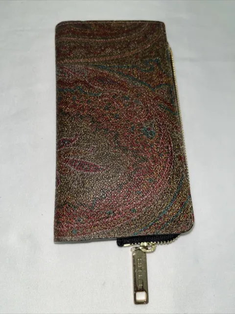 Etro Milano Brown paisley leather blue red zip card cash Slim wallet Size Small