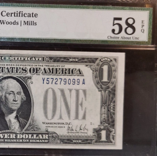 Fr 1602 1928B $1 SC⭐Y757279099A ⭐KEY⭐RARE EARLY BLOCK PMG 58 EPQ BANKNOTE
