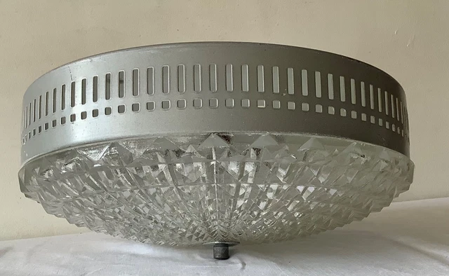 Ancien PLAFONNIER ou APPLIQUE Vintage en VERRE MOULÉ & METAL ARGENTÉ 16