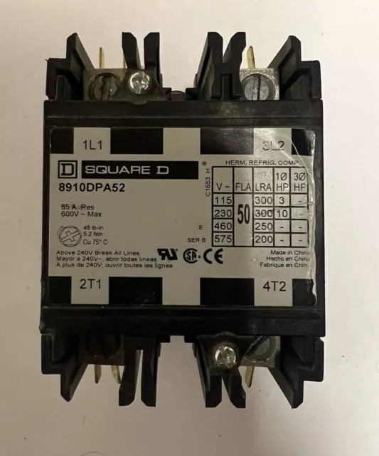 Square D. P/N:8910Dpa52V02. Definite Purpose Magnetic Contactor. 120V Coil.50Fla