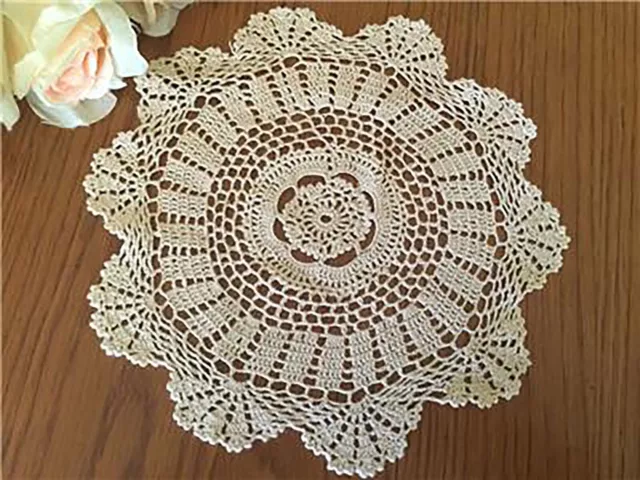 Vintage Beige Cotton Flower Hand Crochet Lace Doily/Topper Round 23cm