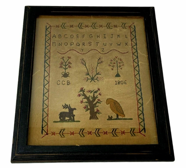 Antique 19th Century Hand Stitched Needlepoint Embroidered Alphabet Sampler
