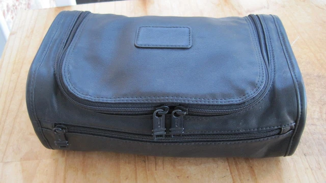 Tumi Alpha Black Leather Travel Toiletry Dopp Shaving Kit Double Zip Closer