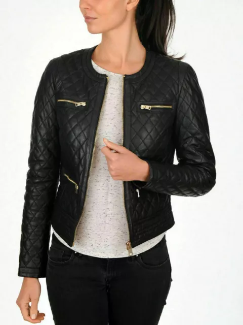 Women's Black Slim Fit Quilted Biker Style Moto Real Lambskin Leather Jacket