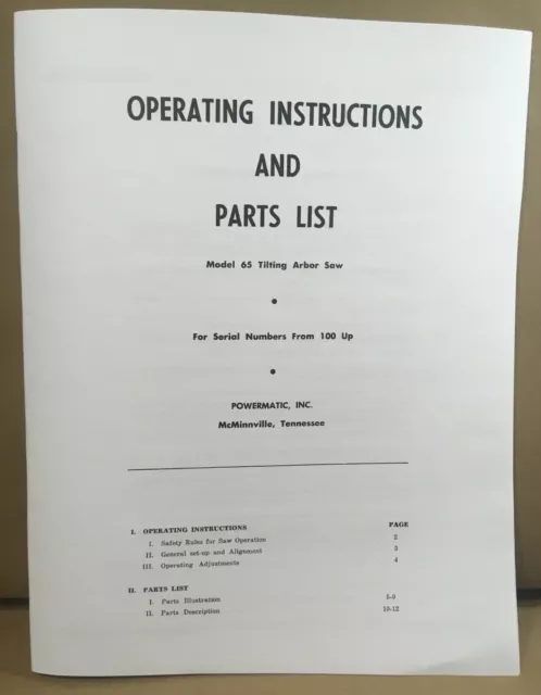Powermatic Model 65  Tilting Arbor Saw - Operating Instructions & Parts Manual