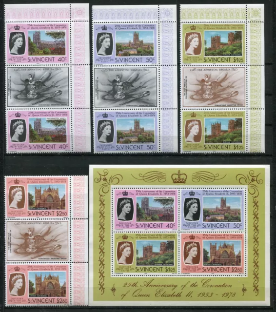 ST VINCENT 1978, CORONATION - 25TH ANNIVERSARY Sc 528-531 GUTTER PAIRS + S/S MNH