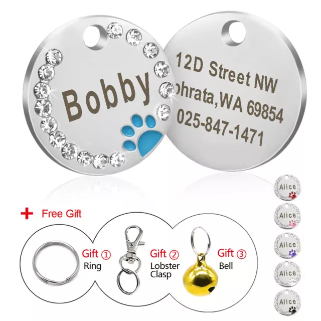 Engraved Dog Tags Disc Disk Cute Paw Rhinestone Personalised Cat Pet ID Name Tag