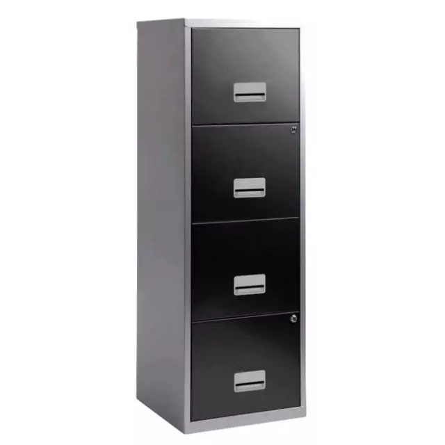 A4 4 Drawer Maxi Tall Filing Cabinet Silver Black - QUALITY DURABLE STEEL METAL