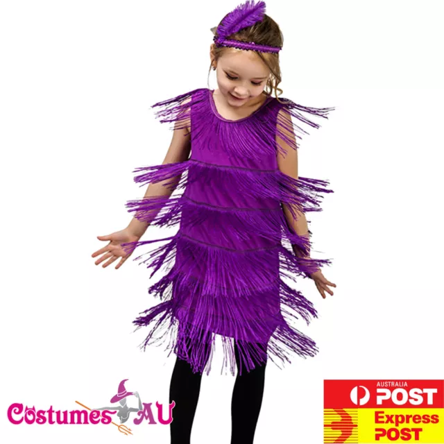 Girls 20s Gatsby Costume 1920s Child Kids Purple Flapper Charleston Fancy Dress