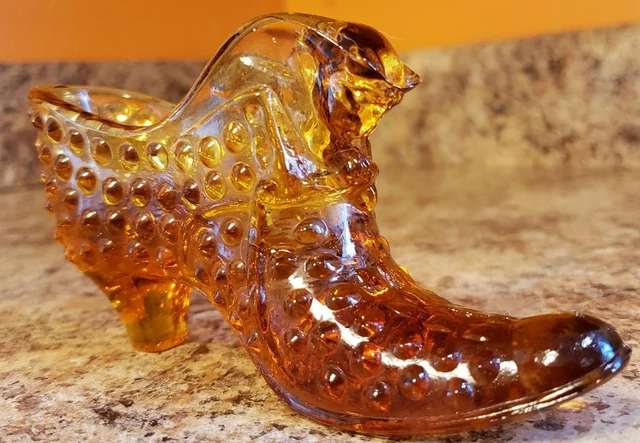 Collectible Art Glass Shoe FENTON Hobnail Amber Cat Head Victorian Boot Slipper