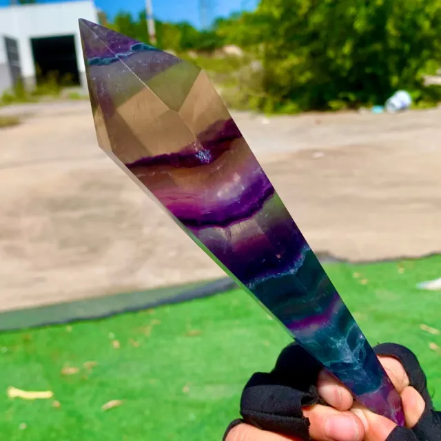 305G Natural rainbow fluorite scepter Quartz Crystal Single-End Terminated Wand