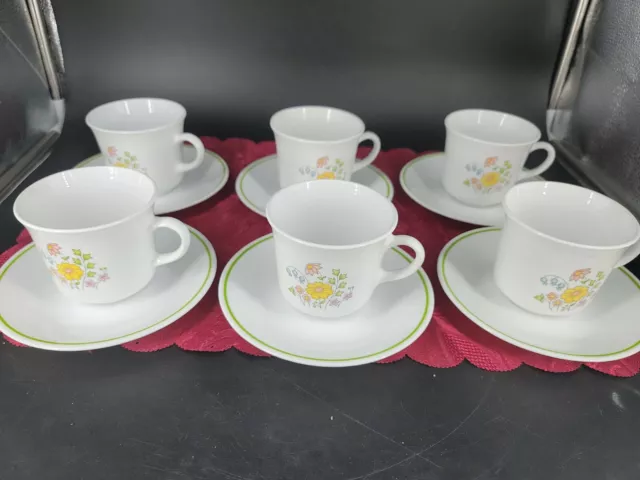 Vintage Corelle Cups & Saucers 6  Sets Corning Ware Spring Meadow Made in USA