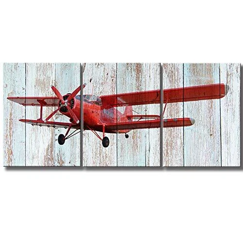 KLVOS - Modern 3 Piece Wall Art Elderly Propeller Plane Light Blue wooden Bac...