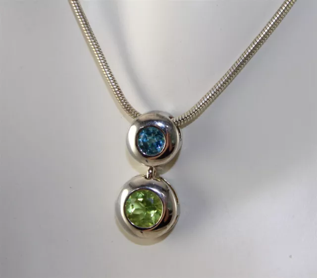 Sterling Silver Peridot and Blue Topaz Pendant 17.5" Chain Necklace