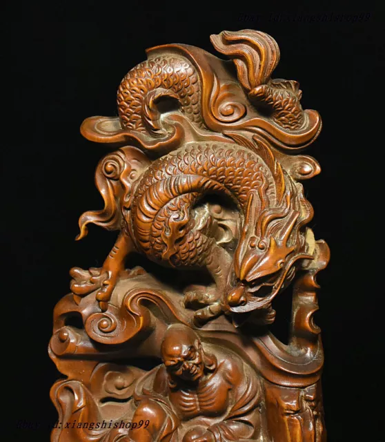 Chinese Buddhism Boxwood Wood Carved Dragon Arhat Monk Buddha Statue 3