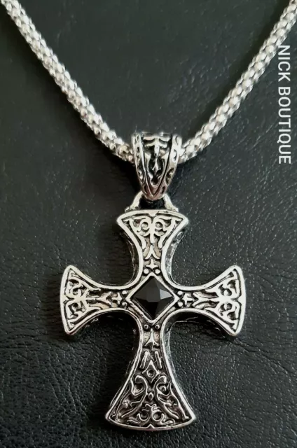 Vintage Look Malta Cross Carved Pendant Chain Necklace Silver Black Crystal Gift