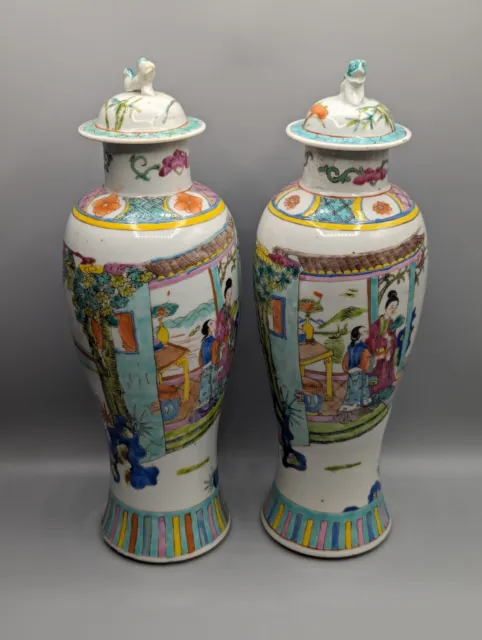 Pair Chinese Porcelain Lidded Vases Famille Verte - Foo Dogs, As Found, 19th C