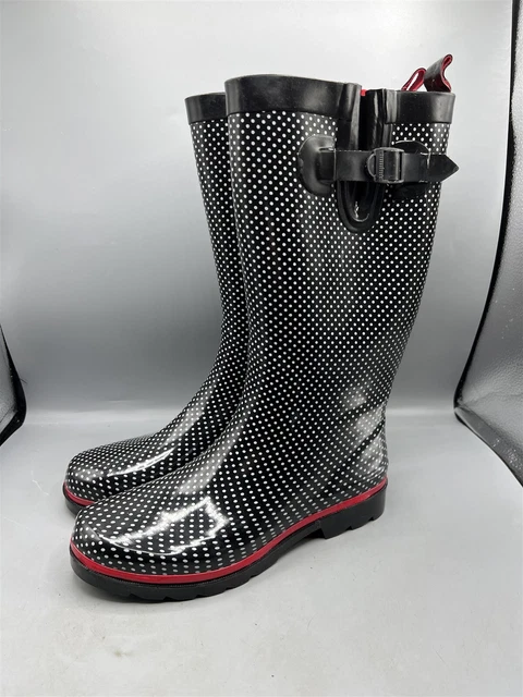 Womens Capelli New York Rain Boots Tall Size Us 9 Black Red Trim White Polka Dot Womens Capelli New York Rain Boots Tall Size Us 9 Black Red Trim White Polka Dot