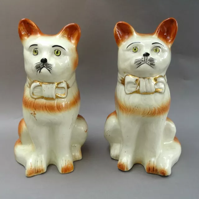 Pair of Antique Pottery Cats with Glass Eyes ~ 12.5 " ~ Staffordshire / Bo'ness