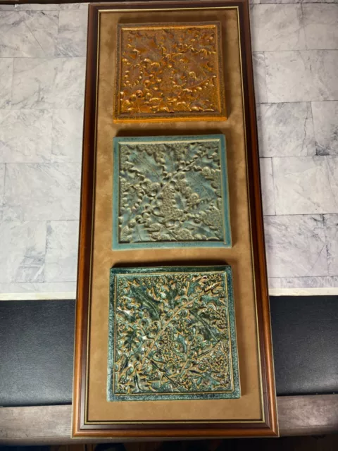 Fulper Pottery Set of 3 Holly Leaves Berries Framed Tile Trivet Signed Boureau