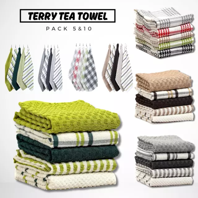 Terry 100% Cotton Tea Towels Set Dish Cloths Kitchen Cleaning Drying Pack Of 12