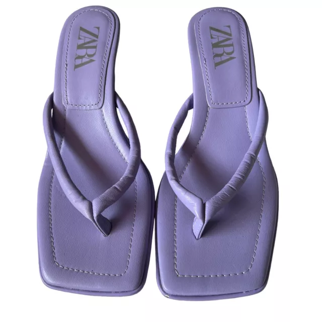 Zara Sandals Purple Slide On Shoes Kitten Heel Lavender Square Toe Size 39 USA 8 2