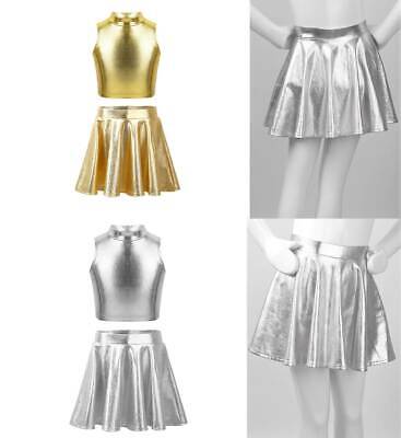 Kids Girls Dance Jazz Outfit Gym Tanks Tops Skirt Metallic Set Dancewear Costume