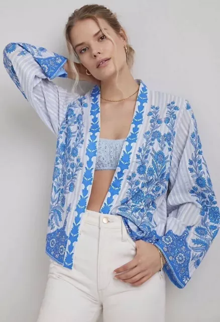 Anthropologie Conditions Apply Cropped Kimono White Blue Floral NWT One Sz *$130