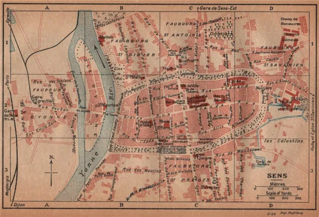 SENS. Vintage town city ville map plan carte. Yonne 1922 old vintage chart