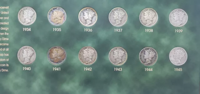 1934-1945 The American Historic Society Mercury Dime Collection 12pc. Coins RARE 3