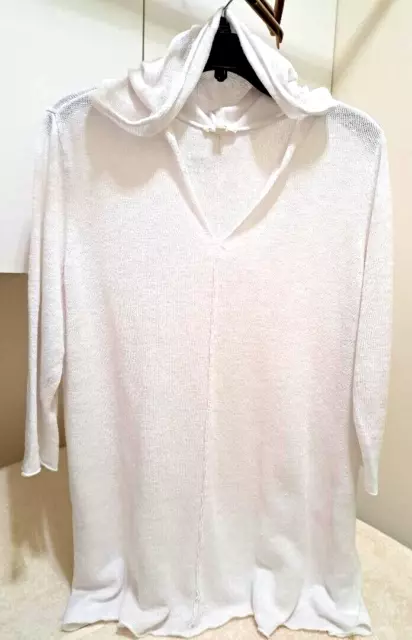 Eileen Fisher Women Size XL White Organic Linen Knit 3/4 Sleeve Hoodie Tunic Top