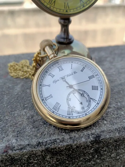 Antiguo Reloj de Bolsillo Elgin De Colección Grabado Latón Con Cadena Regalo para Ocasión Ella
