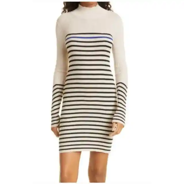 RAG & BONE Kate Stripe Ivory Navy Mock Turtleneck Cashmere Knit Dress-Size L