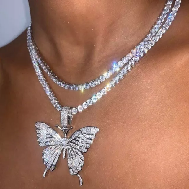 Fashion Butterfly Pendant Necklace Rhinestone Sweater Chain Women Crystal Choker 2