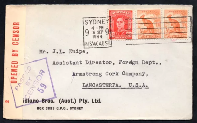 Australia - 1944 KGVI Censor Cover from Sydney to USA