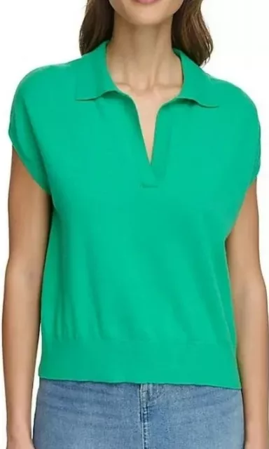DKNY Women's Modern Fit Sleeveless Collared V-Neck Sweater Large Green CVR