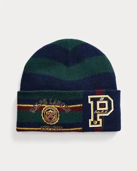 Men's Polo Ralph Lauren Logo Patch Striped Wool Blend Beanie Knit Hat - New