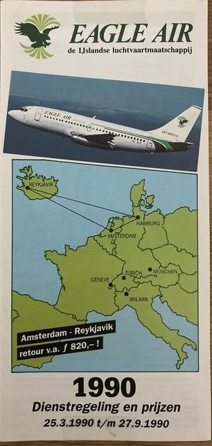 EAGLE AIR ICELAND Timetable Summer 1990 Route Map B737200 £38.78