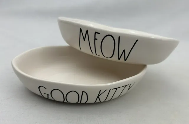 Rae Dunn Meow & Good Kitty White 6” Ceramic Cat Dish Food Water Bowl - Set Of 2