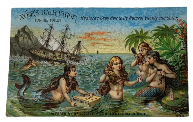 Antique Merchant's Trade Card - Ayers Hair Vigor, Lowell Ma - Lots Of Mermaids