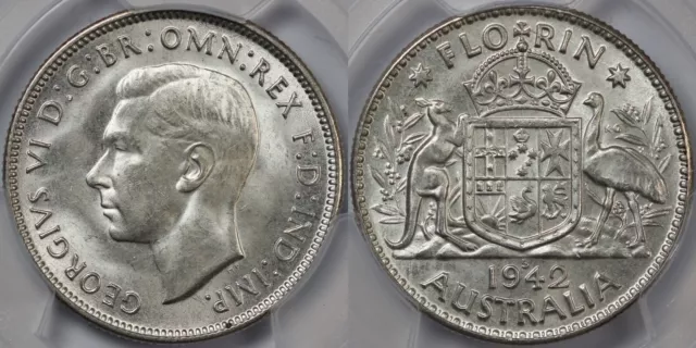 PCGS Graded MS64 Australia 1942-S San Francisco Florin Uncirculated Silver Coin