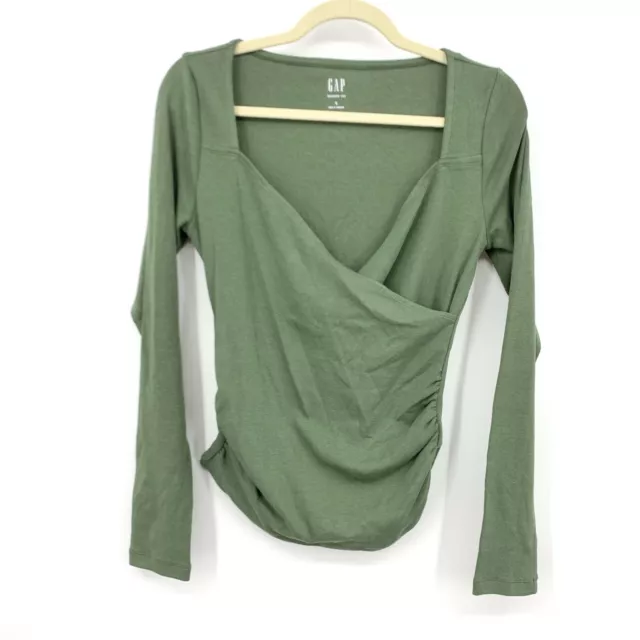 GAP Women Size Small Shirt Green Long Sleeve Modern Tee Wrap Touched Square Neck