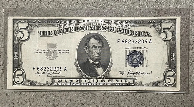 U.S Vintage Banknotes 5 Dollar Blue Seal , Rare Currency 1953