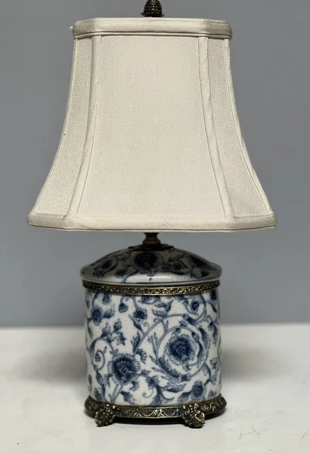 Cute Oval Box w/ Brass Ormolu Lamp In Blue And White Floral Motif 17”