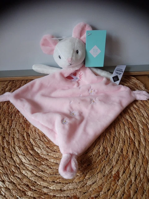 Doudou plat souris rose blanc oiseau fleurs Tex baby Carrefour neuf