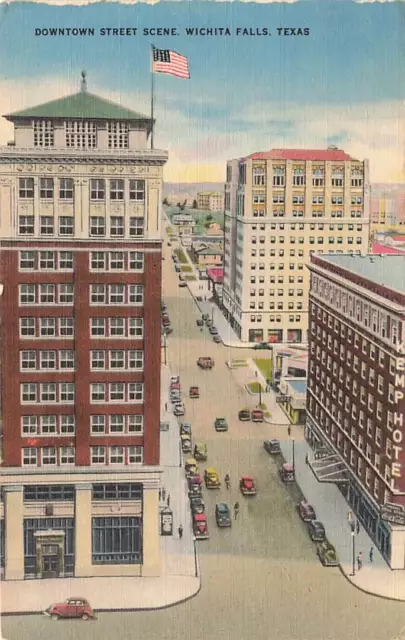 Downtown Street Scene Birds Eye View Wichita Falls TX Linen VTG P118